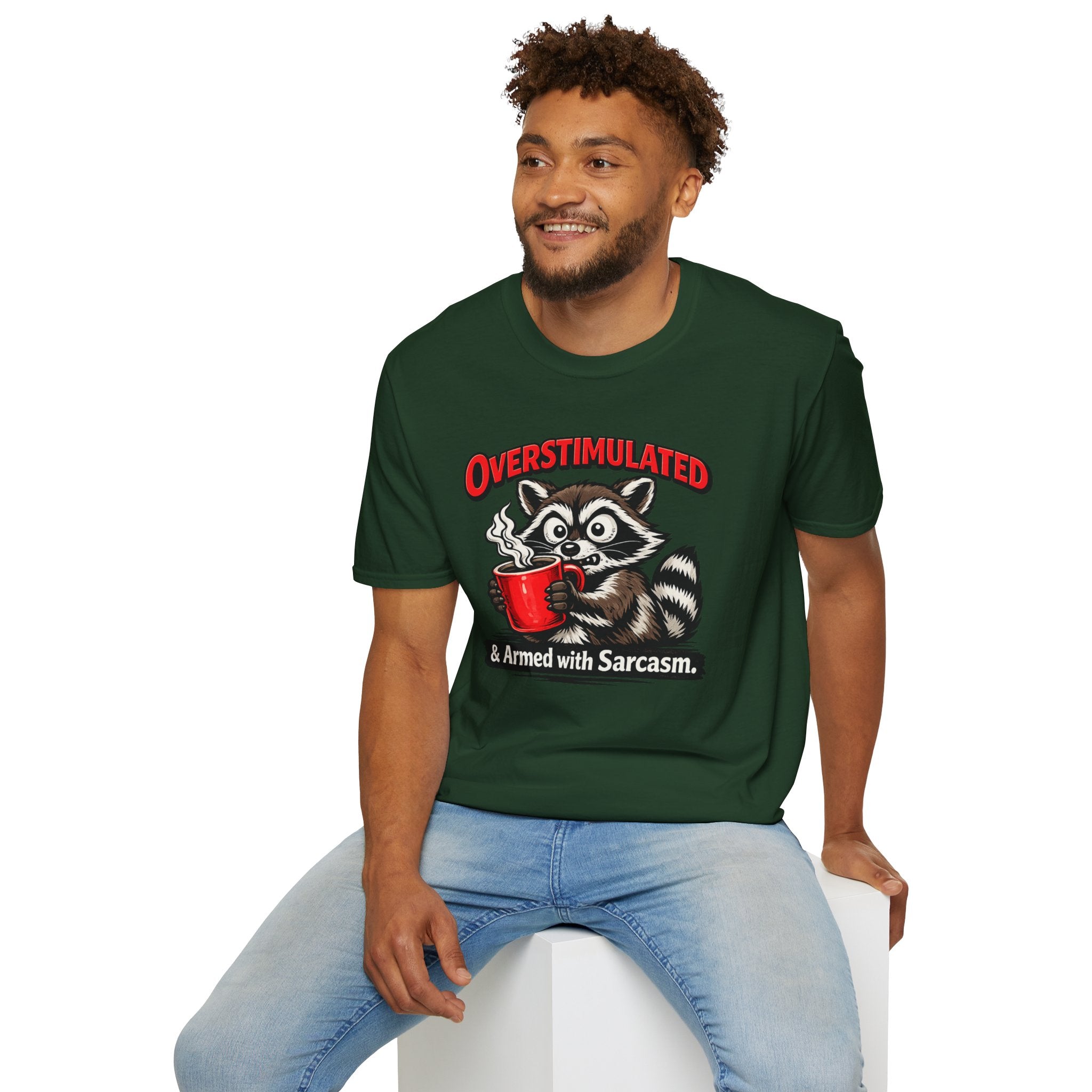 "Overstimulated & Armed with Sarcasm" Raccoon with Coffee T-Shirt