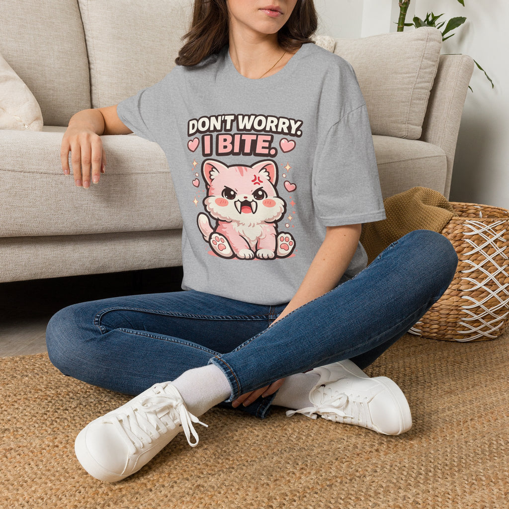 "Don't Worry, I Bite." Fanged Kawaii Kitty T-Shirt