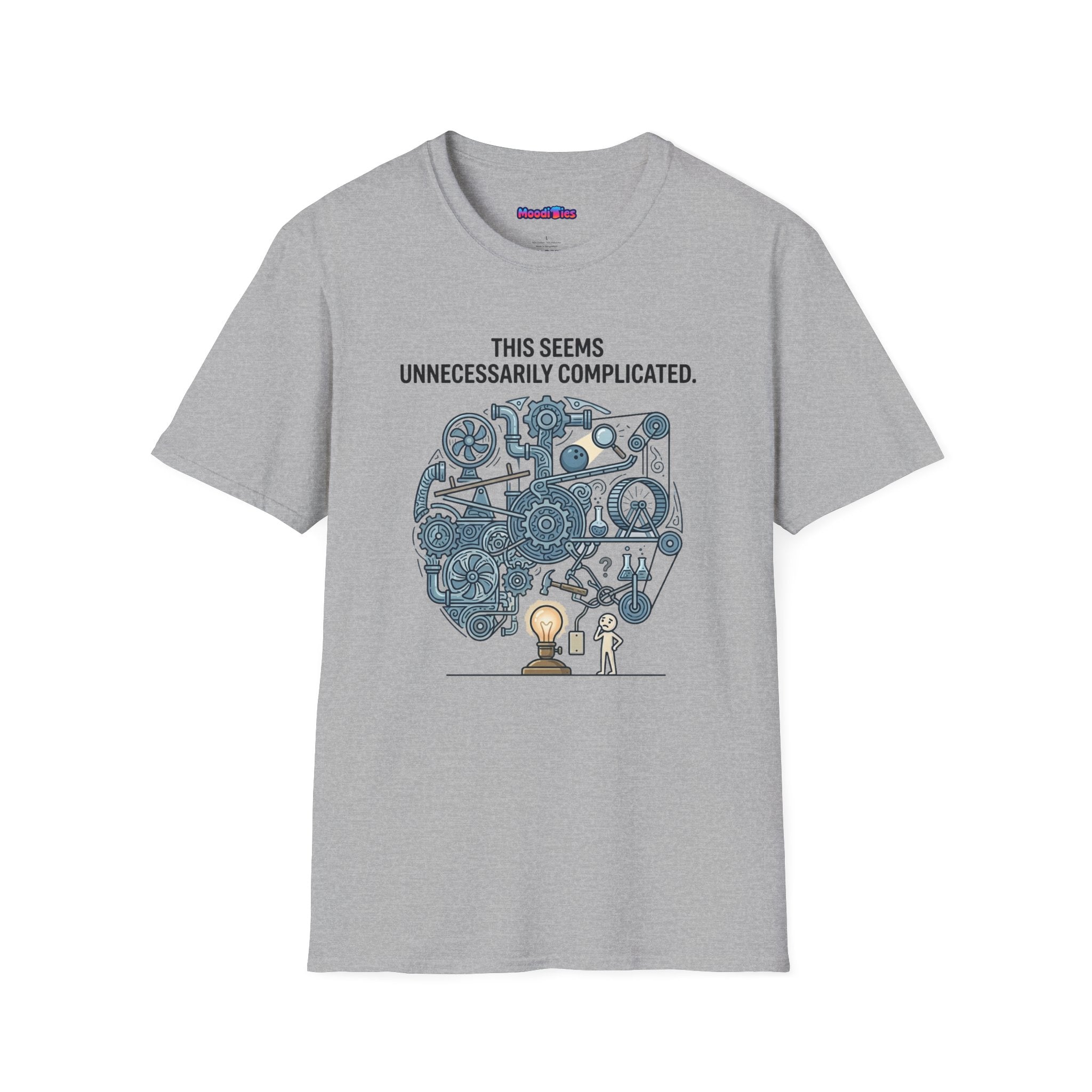 "This Seems Unnecessarily Complicated" Crazy Lightswitch Machine T-Shirt — Humorous Mechanical Maze Tee