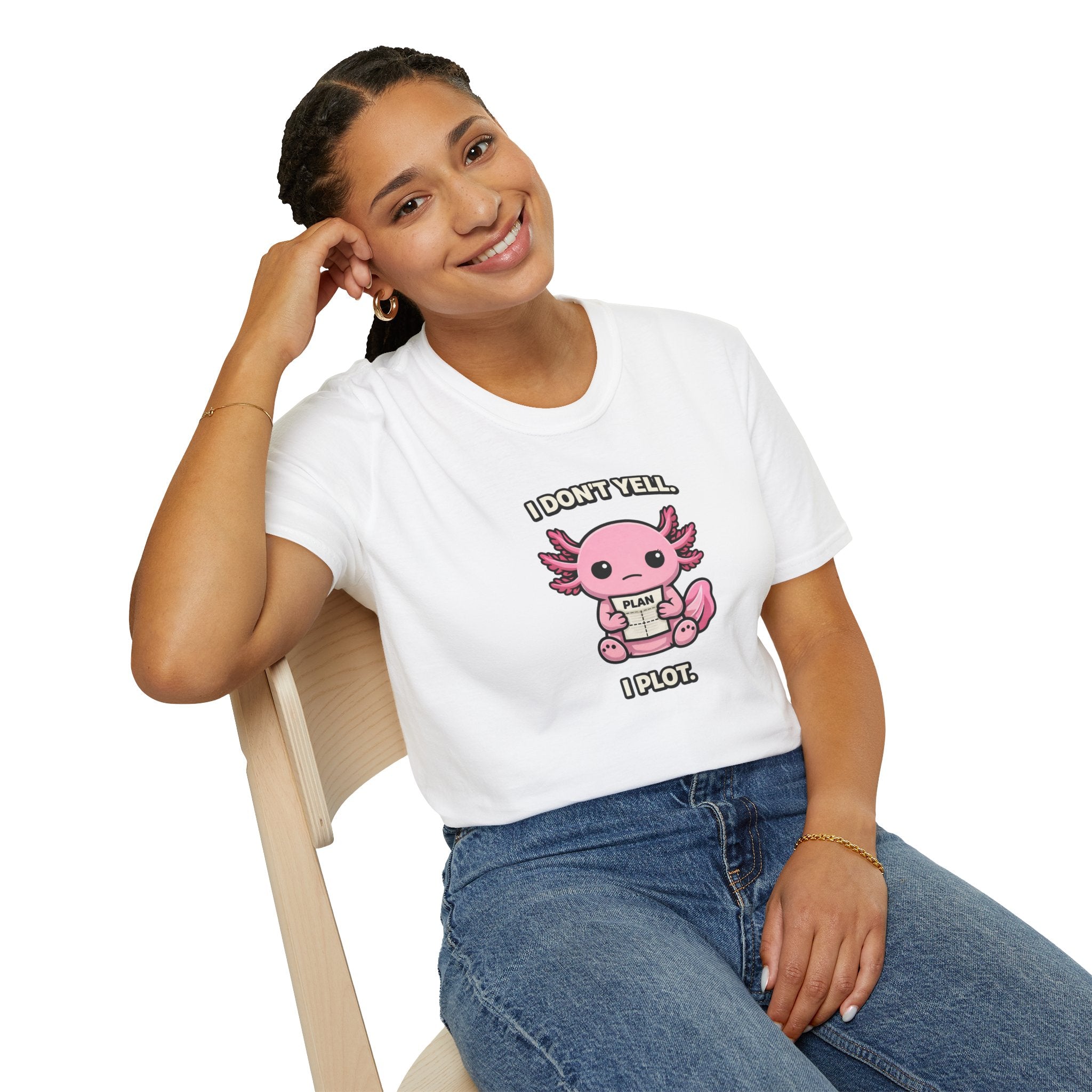 "I Don't Yell, I Plot" Cute Pink Axolotl T-Shirt