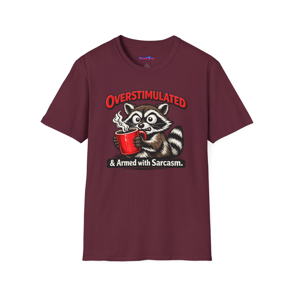 "Overstimulated & Armed with Sarcasm" Raccoon with Coffee T-Shirt