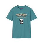 Text "Emotionally Available (For Pandas Only)," with cute cartoon panda munching on eucalyptus