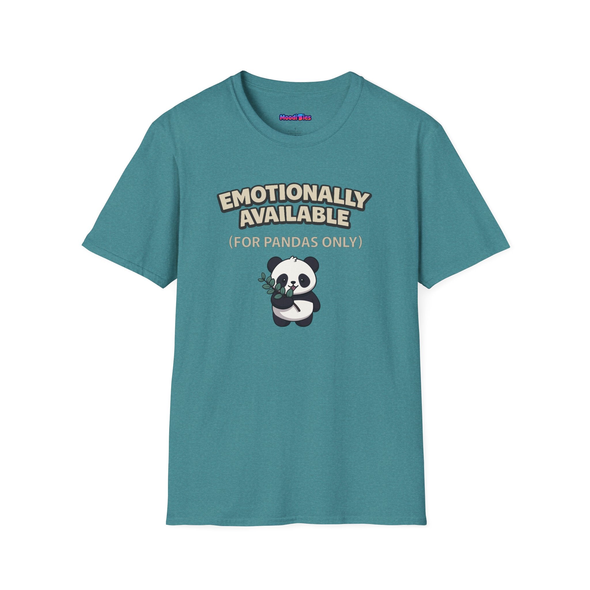 Text "Emotionally Available (For Pandas Only)," with cute cartoon panda munching on eucalyptus