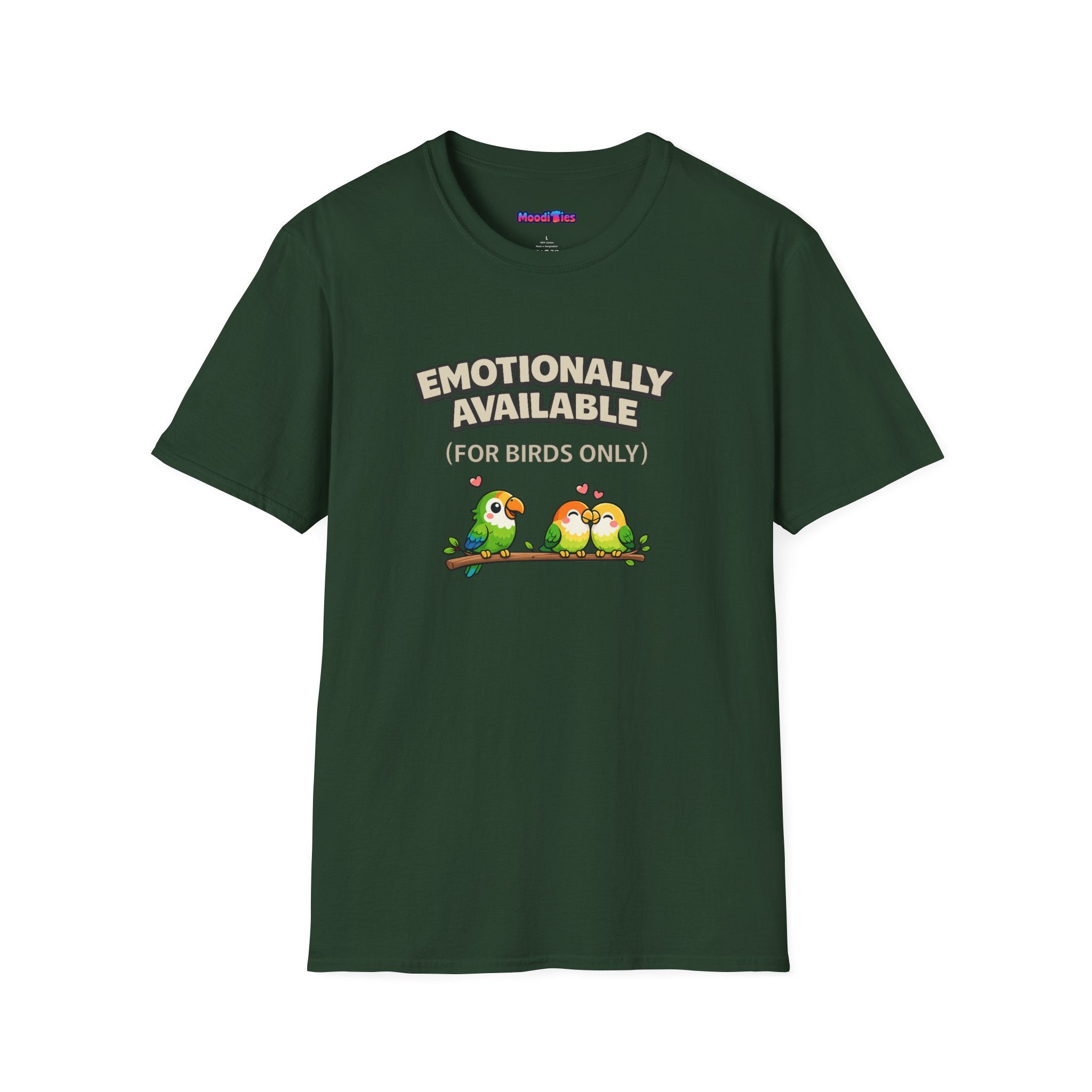 "Emotionally Available (For Birds Only)" parrot and pair of love birds on a branch with hearts over them