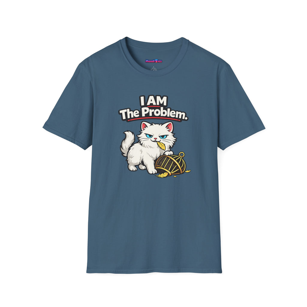 Text "I AM The Problem," smug white cat leaning on broken golden bird cage with a single yellow feather clinging to its mouth.