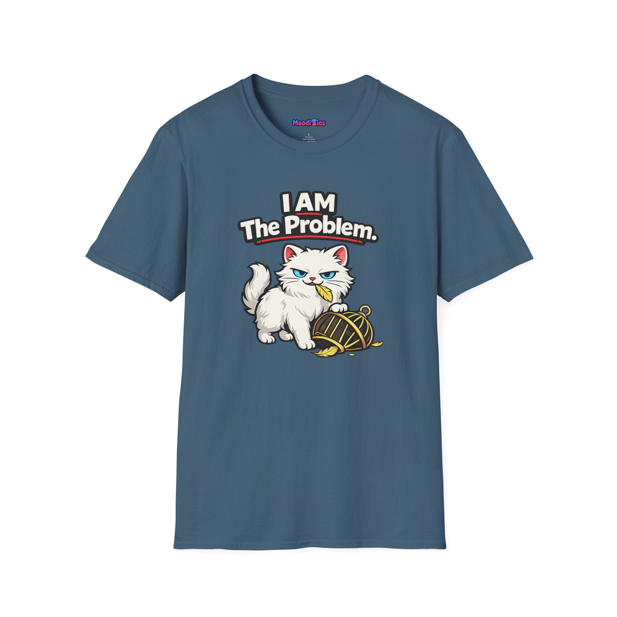 Text "I AM The Problem," smug white cat leaning on broken golden bird cage with a single yellow feather clinging to its mouth.