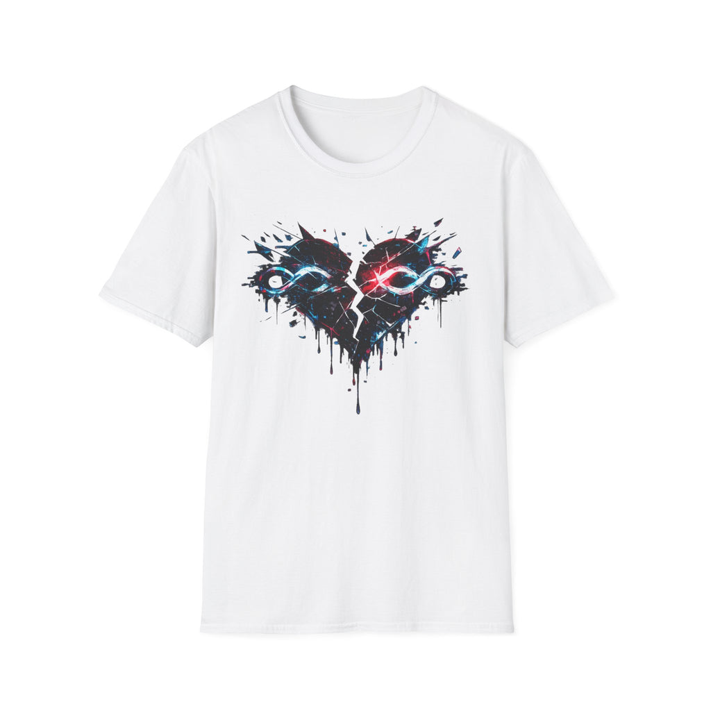 Black heart and double infinity symbol cracked in half and dripping tarlike substance.