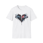 Black heart and double infinity symbol cracked in half and dripping tarlike substance.