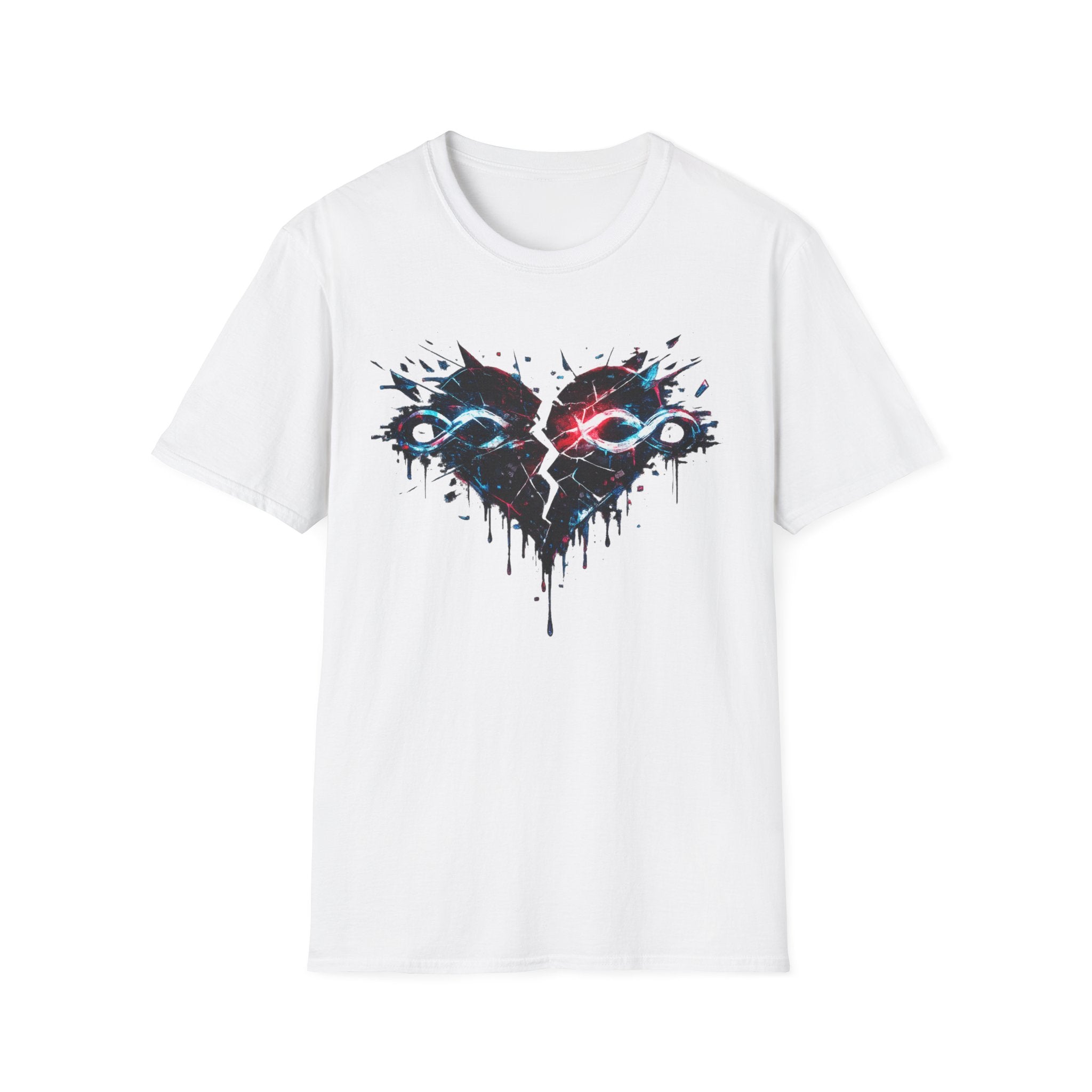 Black heart and double infinity symbol cracked in half and dripping tarlike substance.