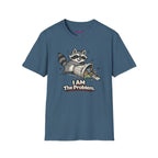 Text "I AM The Problem," raccoon grinning in wicked delight as it knocks over a very messy trash can surrounded by flies.