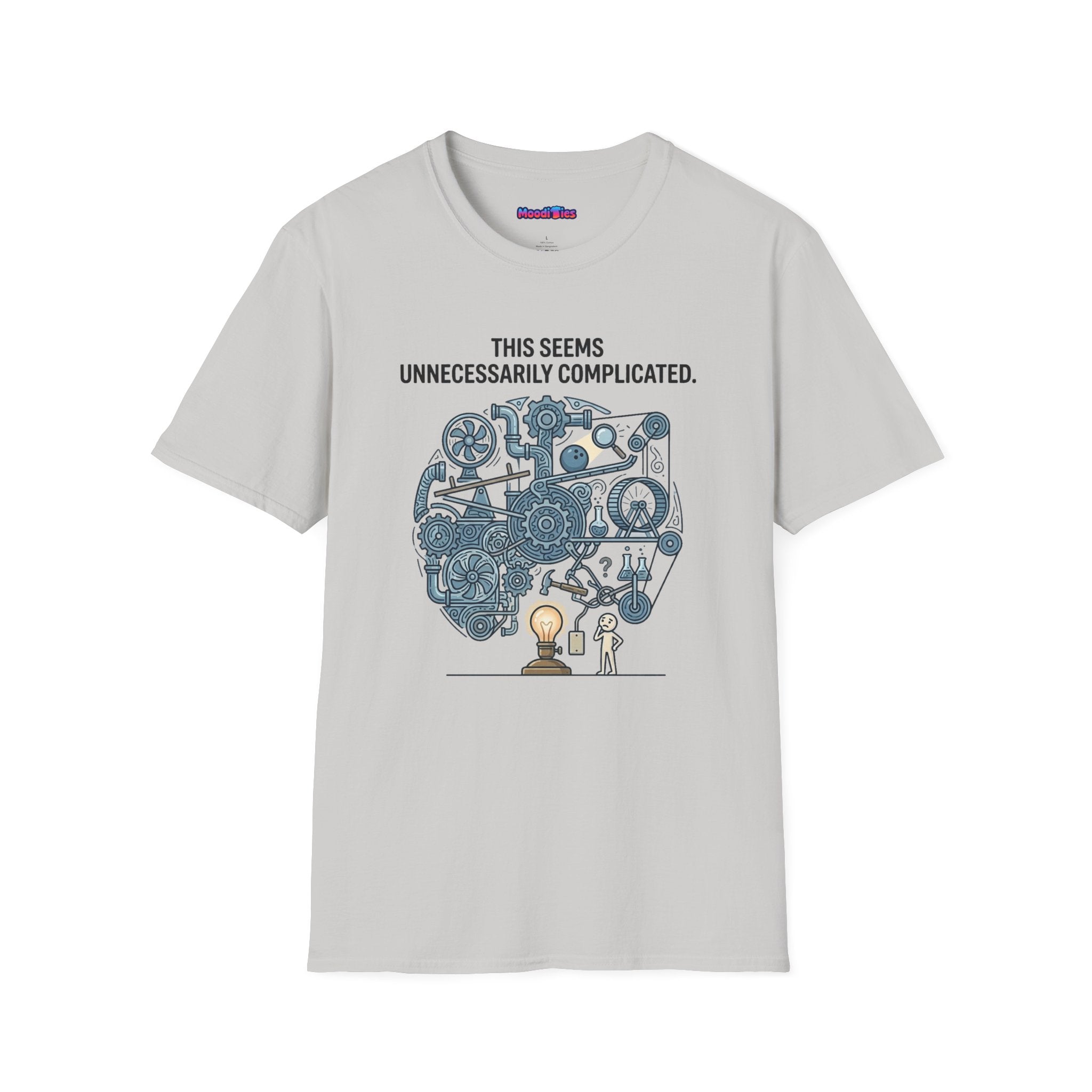 "This Seems Unnecessarily Complicated" Crazy Lightswitch Machine T-Shirt — Humorous Mechanical Maze Tee