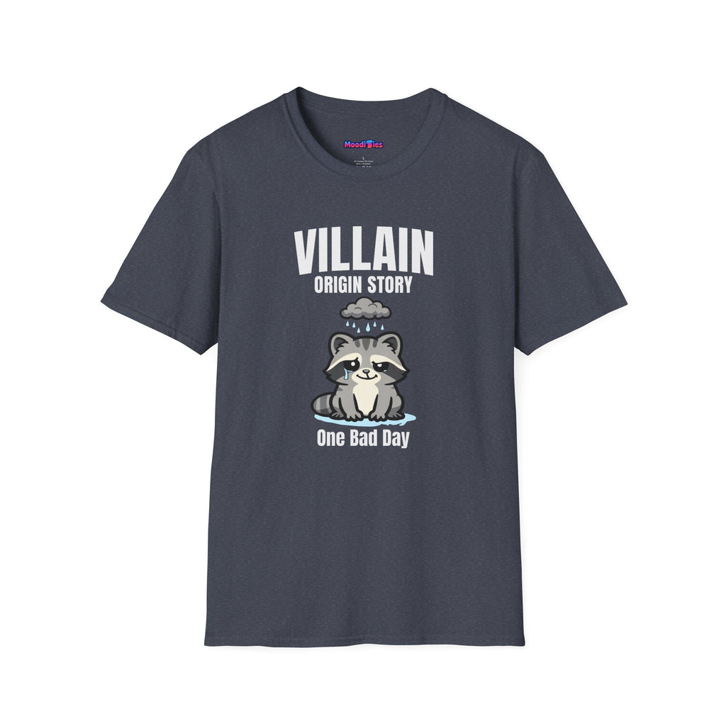Text "Villain Origin Story" over a sad and mad raccoon being rained on by a tiny rain cloud over its head, with text "One Bad Day"underneath