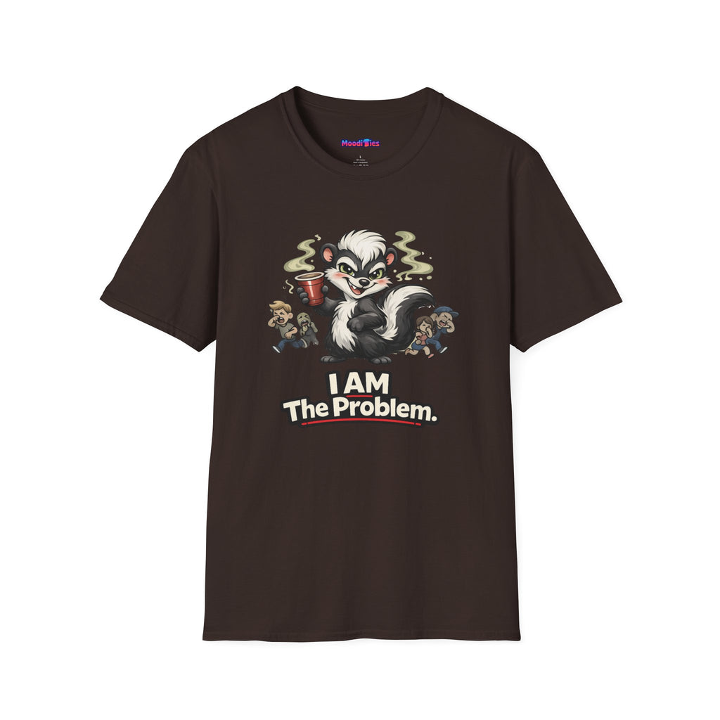 Text "I AM The Problem," wicked grinning skunk holding up red party cup as partygoers run screaming and pinching their noses.