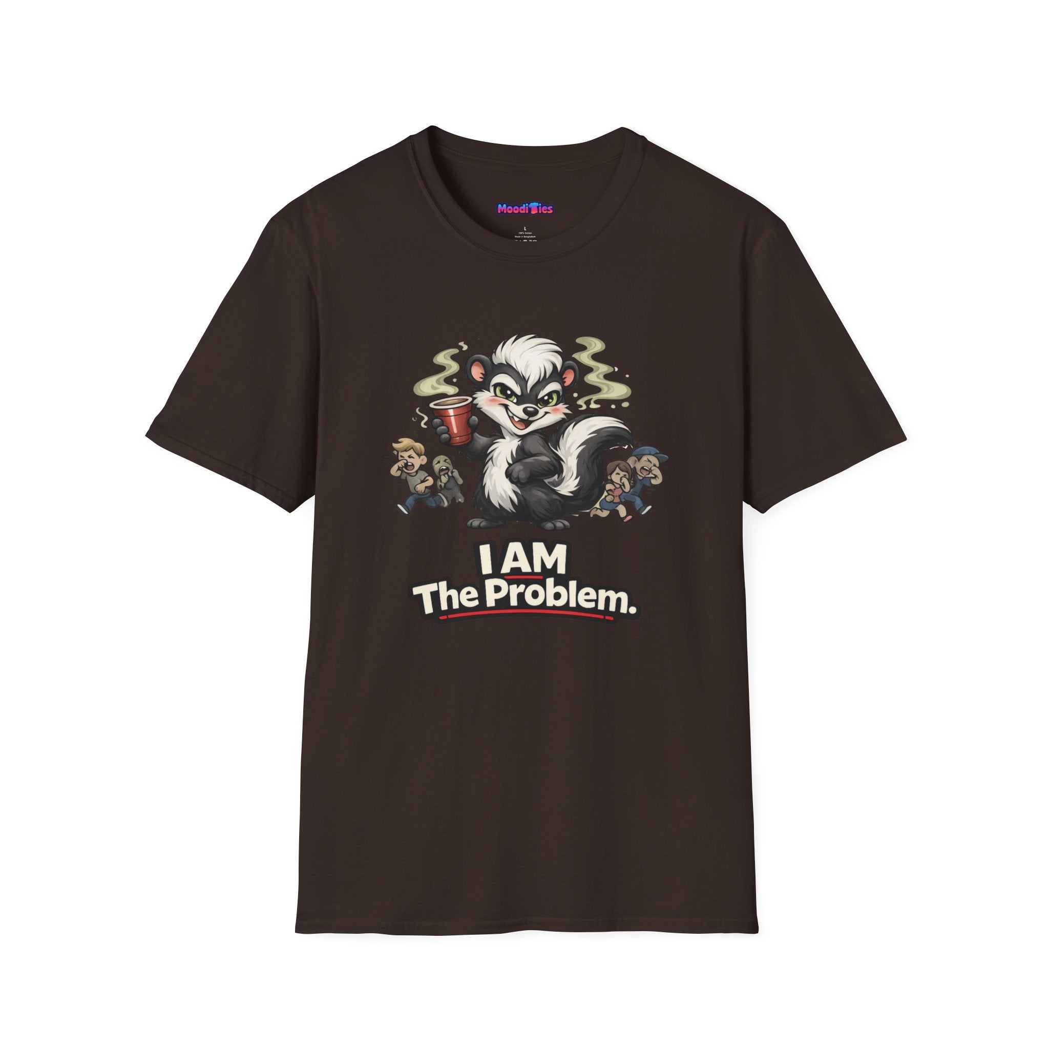 Text "I AM The Problem," wicked grinning skunk holding up red party cup as partygoers run screaming and pinching their noses.