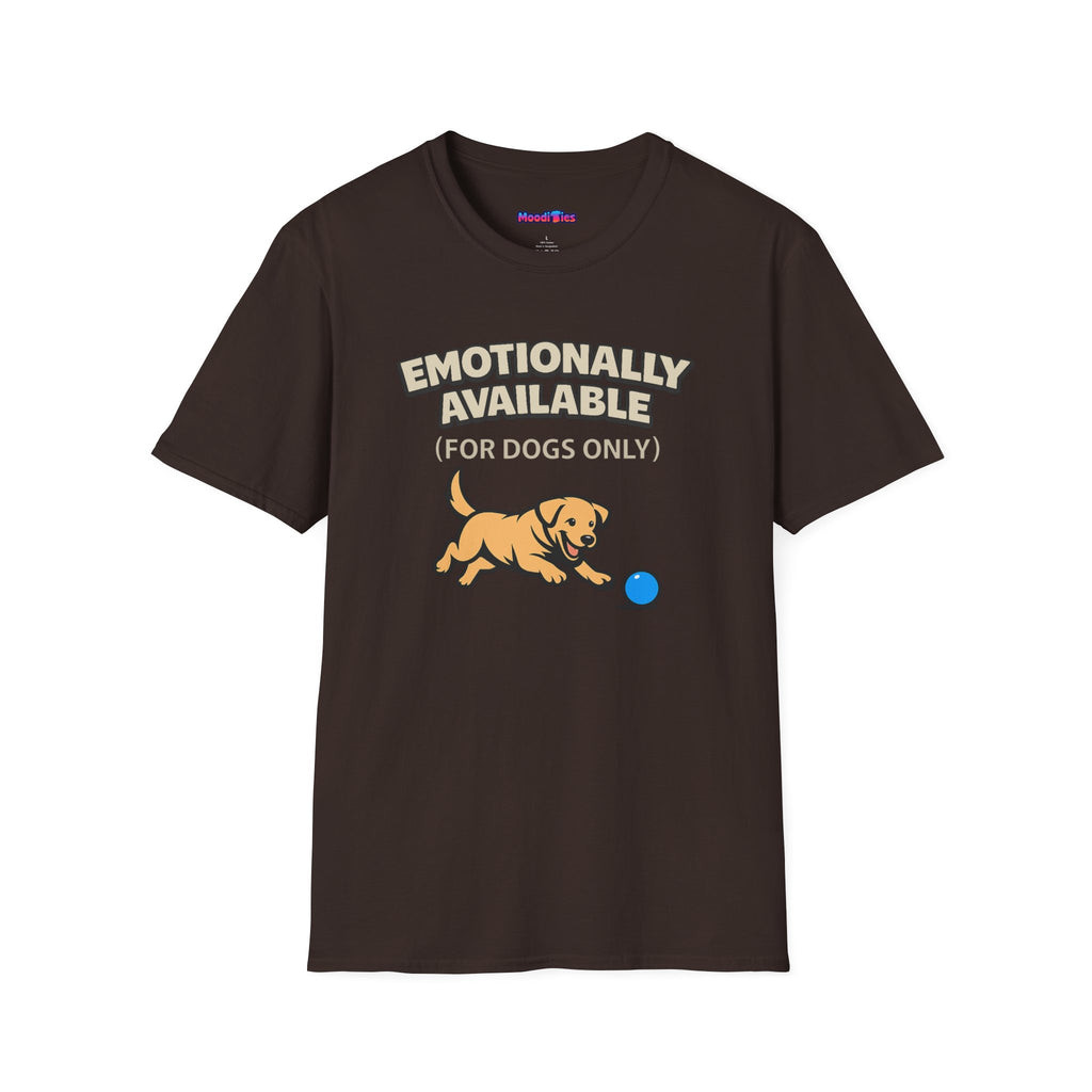 Text "Emotionally Available (For Dogs Only)," with cute cartoon Golden Retriever puppy chasing a blue ball