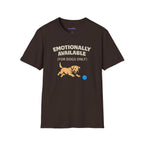 Text "Emotionally Available (For Dogs Only)," with cute cartoon Golden Retriever puppy chasing a blue ball