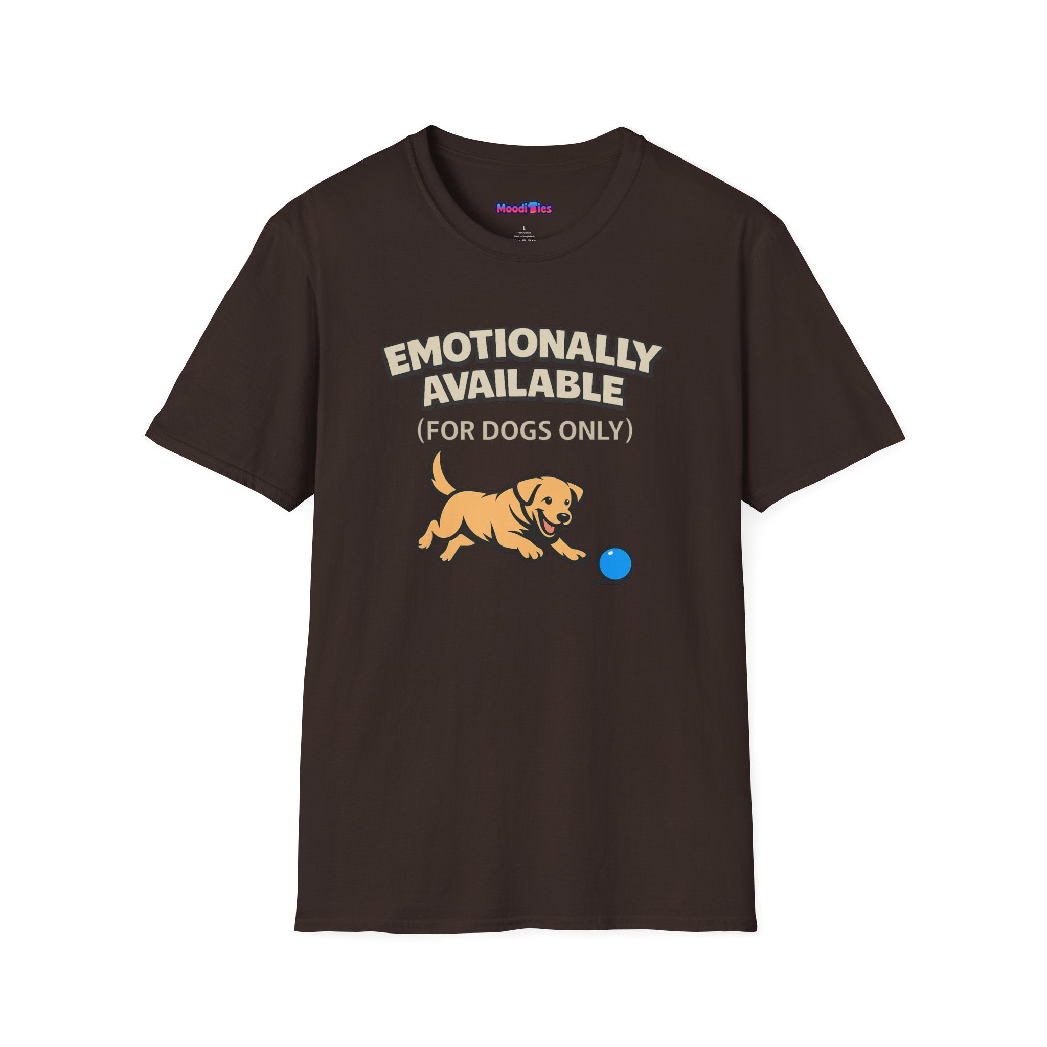 Text "Emotionally Available (For Dogs Only)," with cute cartoon Golden Retriever puppy chasing a blue ball