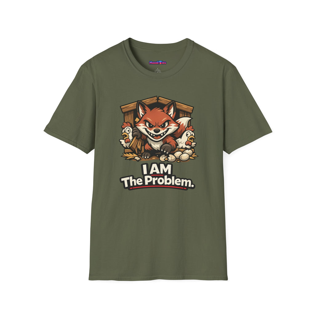 Text "I AM The Problem," wicked grinning fox running amok in the henhouse with frightened chickens and smashed eggs.