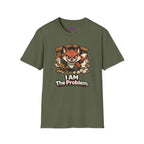 Text "I AM The Problem," wicked grinning fox running amok in the henhouse with frightened chickens and smashed eggs.