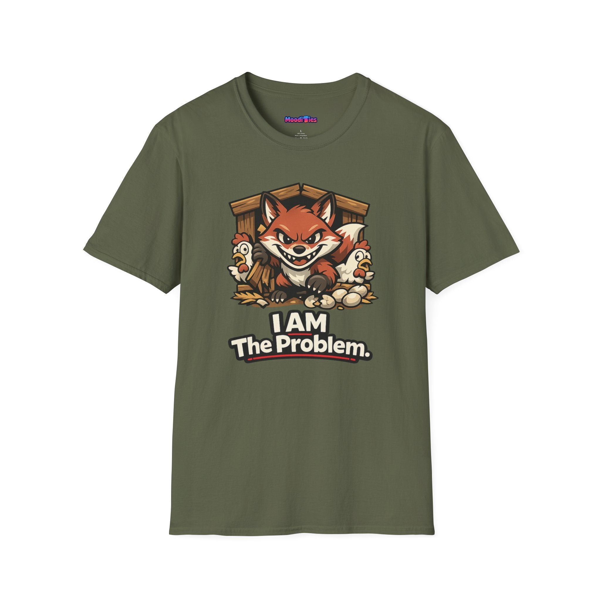 Text "I AM The Problem," wicked grinning fox running amok in the henhouse with frightened chickens and smashed eggs.