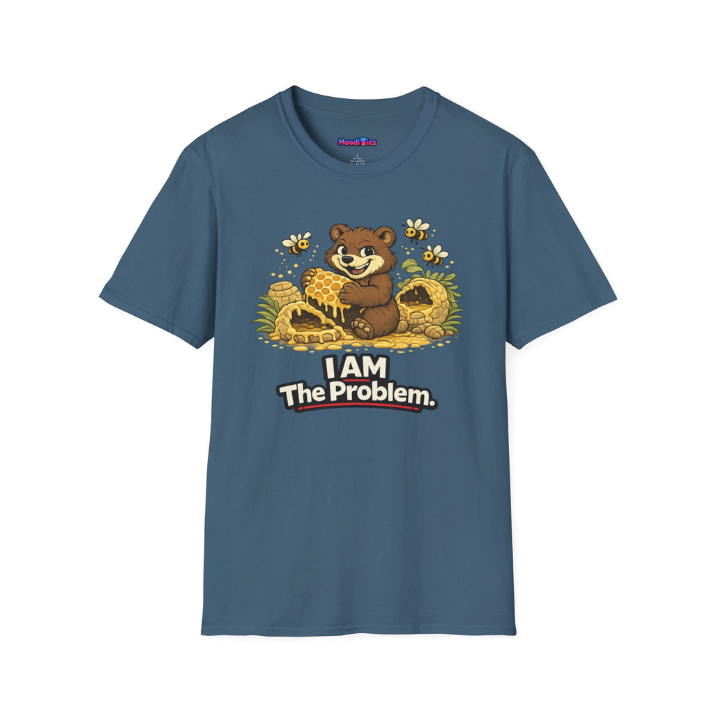 Text "I AM The Problem," smug brown bear eating honey surrounded by smashed beehives and angry bees.
