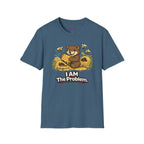 Text "I AM The Problem," smug brown bear eating honey surrounded by smashed beehives and angry bees.