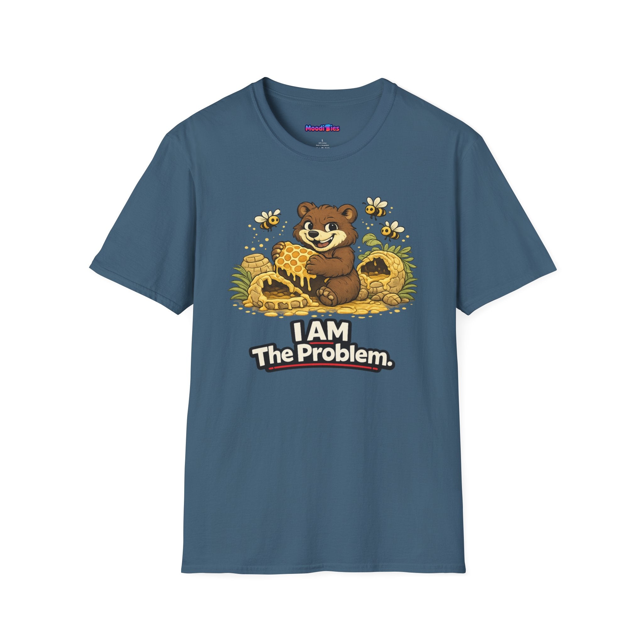 Text "I AM The Problem," smug brown bear eating honey surrounded by smashed beehives and angry bees.