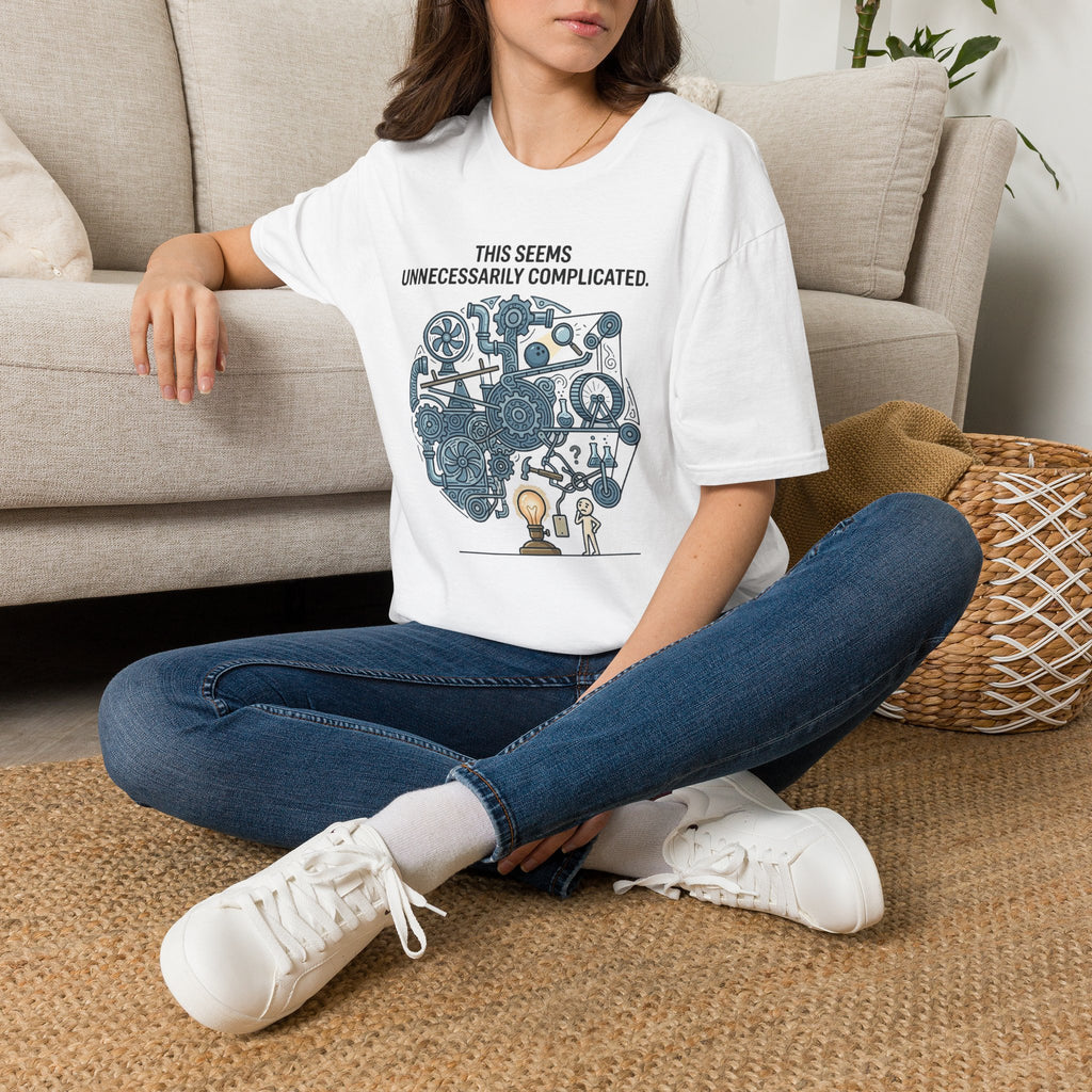 "This Seems Unnecessarily Complicated" Crazy Lightswitch Machine T-Shirt — Humorous Mechanical Maze Tee