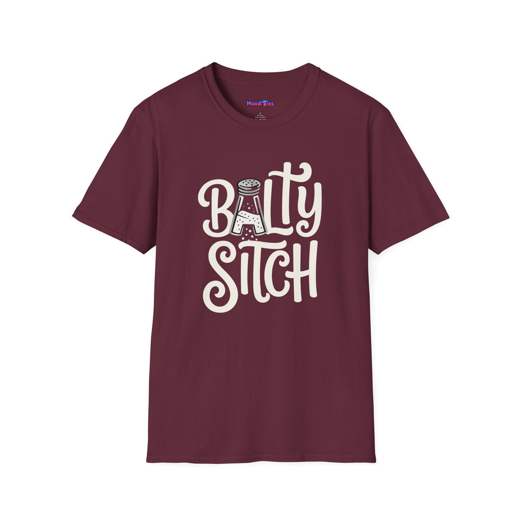 Text "Balty Sitch" in a sassy font with an A-shaped salt shaker in the place of the A in Balty.