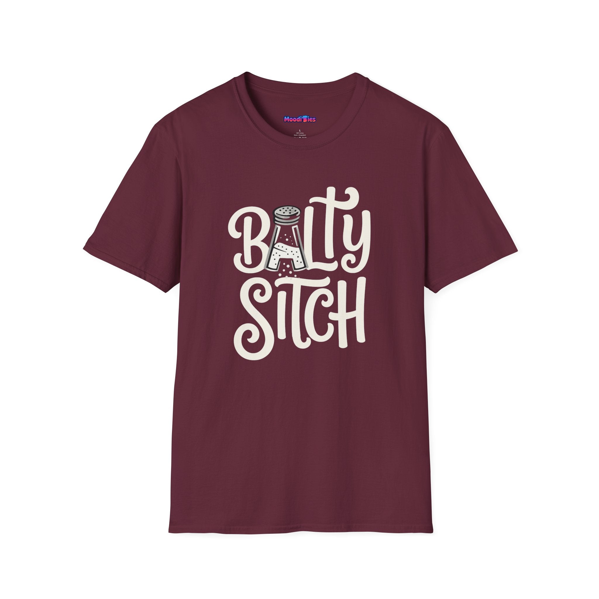 Text "Balty Sitch" in a sassy font with an A-shaped salt shaker in the place of the A in Balty.