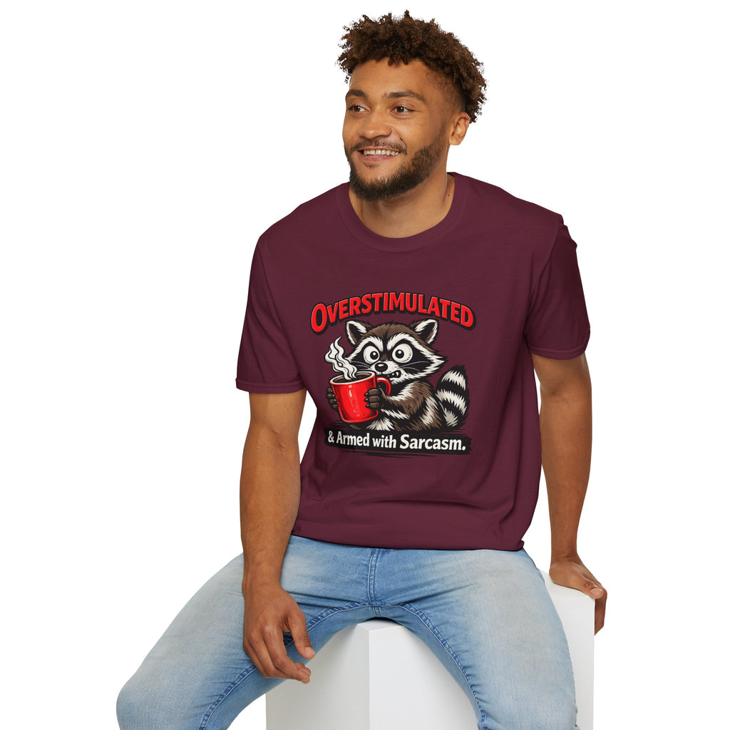 "Overstimulated & Armed with Sarcasm" Raccoon with Coffee T-Shirt