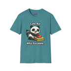 Text "Cute, But Will Escalate," with cute mischievous panda touching red glowing danger button