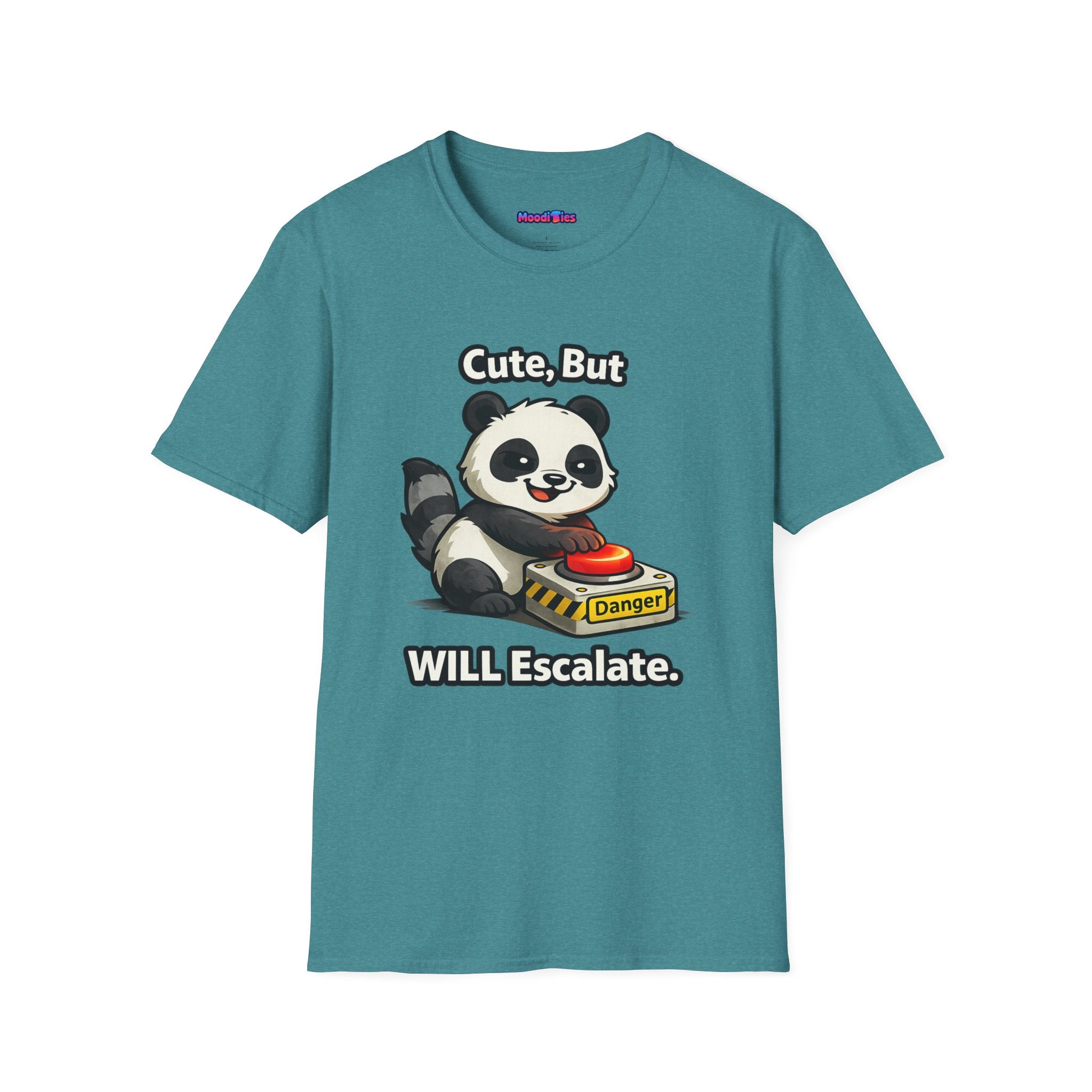 Text "Cute, But Will Escalate," with cute mischievous panda touching red glowing danger button
