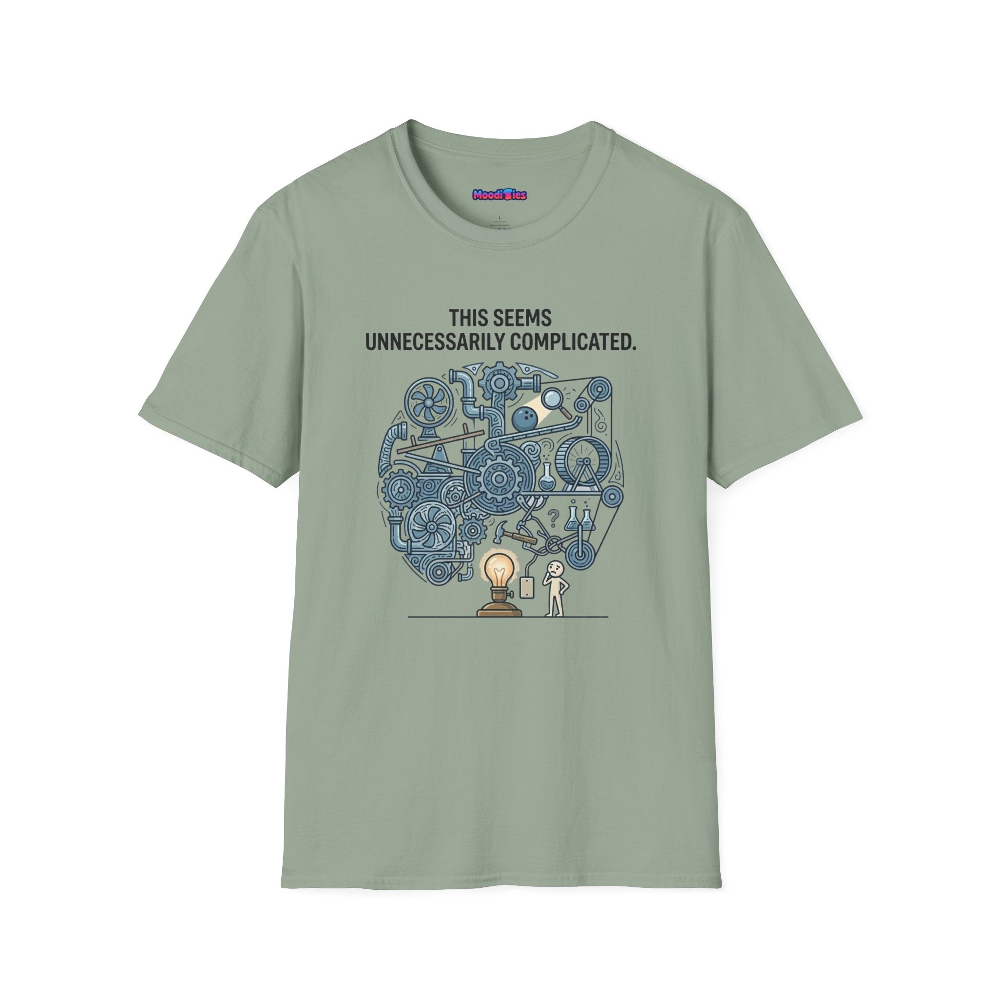 "This Seems Unnecessarily Complicated" Crazy Lightswitch Machine T-Shirt — Humorous Mechanical Maze Tee
