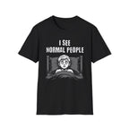 Text "I See Normal People," with terrified boy laying in bed under his blanket.