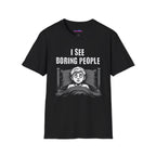 Text "I See Boring People," with terrified boy laying in bed under his blanket.