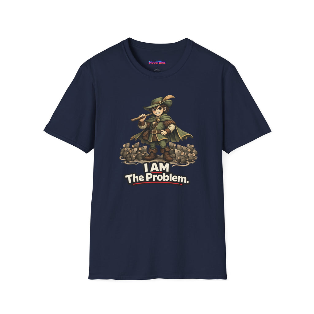 Text "I AM The Problem," wicked grinning Pied Piper striking a pose with his horde of rats.