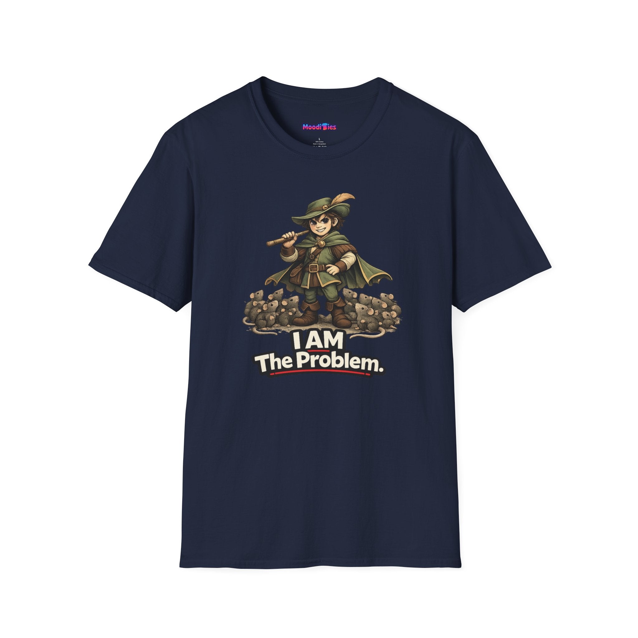 Text "I AM The Problem," wicked grinning Pied Piper striking a pose with his horde of rats.