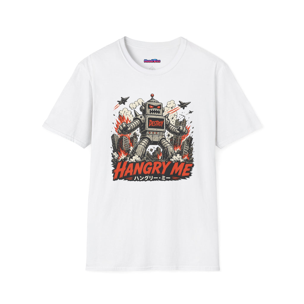 Text "Hangry Me," with rampaging robot destroying the city while fighter planes try to take it out.