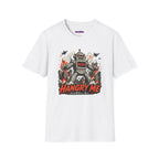 Text "Hangry Me," with rampaging robot destroying the city while fighter planes try to take it out.