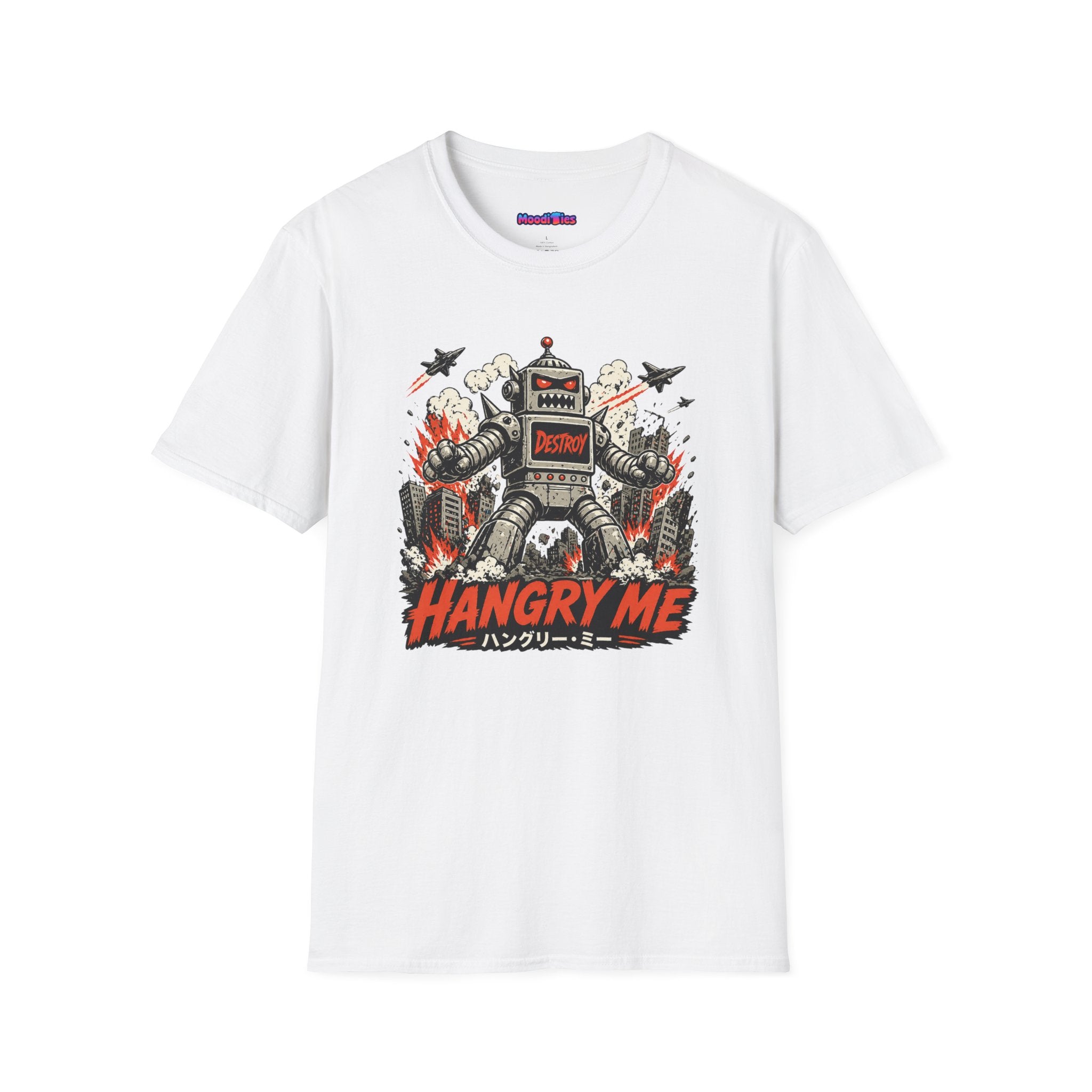 Text "Hangry Me," with rampaging robot destroying the city while fighter planes try to take it out.