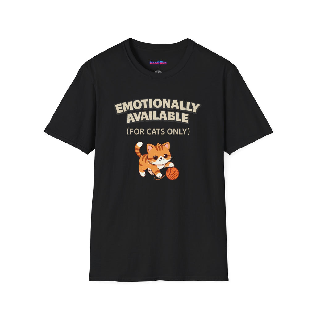 Text "Emotionally Available (For Cats Only)," with cute cartoon orange kitten playing with a ball of orange yarn