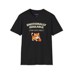 Text "Emotionally Available (For Cats Only)," with cute cartoon orange kitten playing with a ball of orange yarn