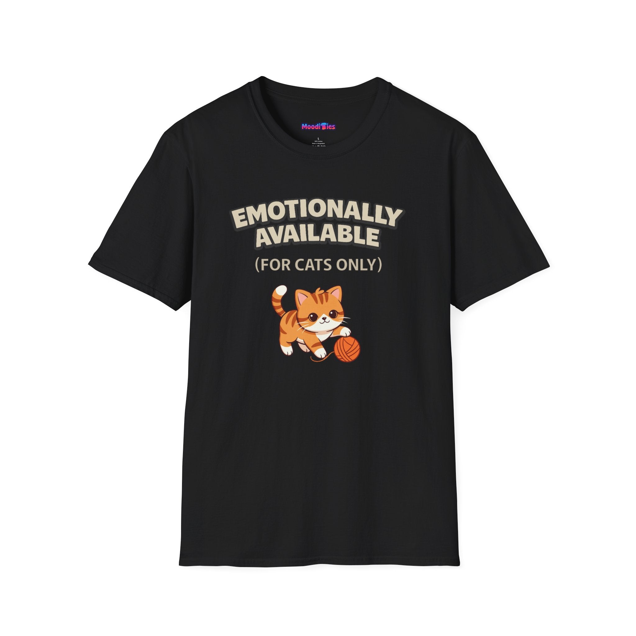 Text "Emotionally Available (For Cats Only)," with cute cartoon orange kitten playing with a ball of orange yarn