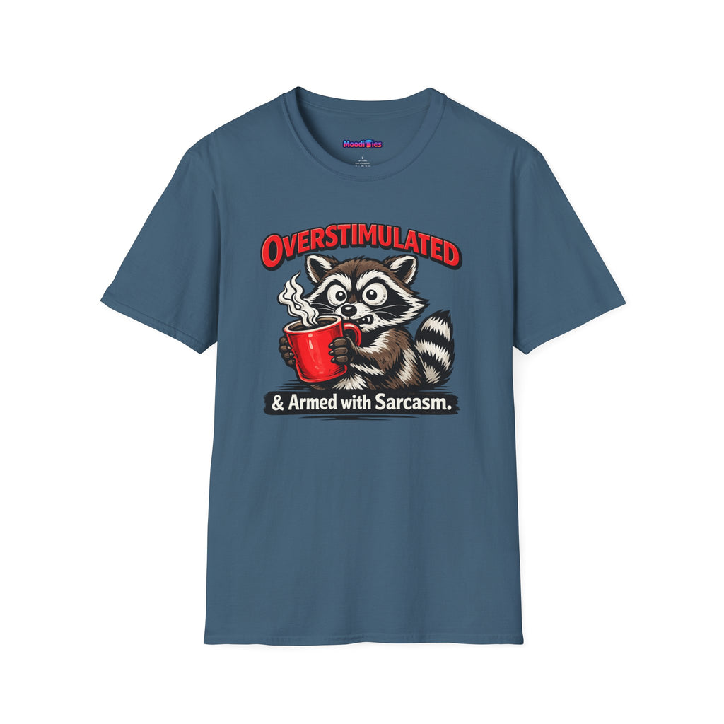 "Overstimulated & Armed with Sarcasm" Raccoon with Coffee T-Shirt