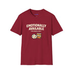 Text "Emotionally Available (For Snacks Only)," with a cookie and bag of chips illustration