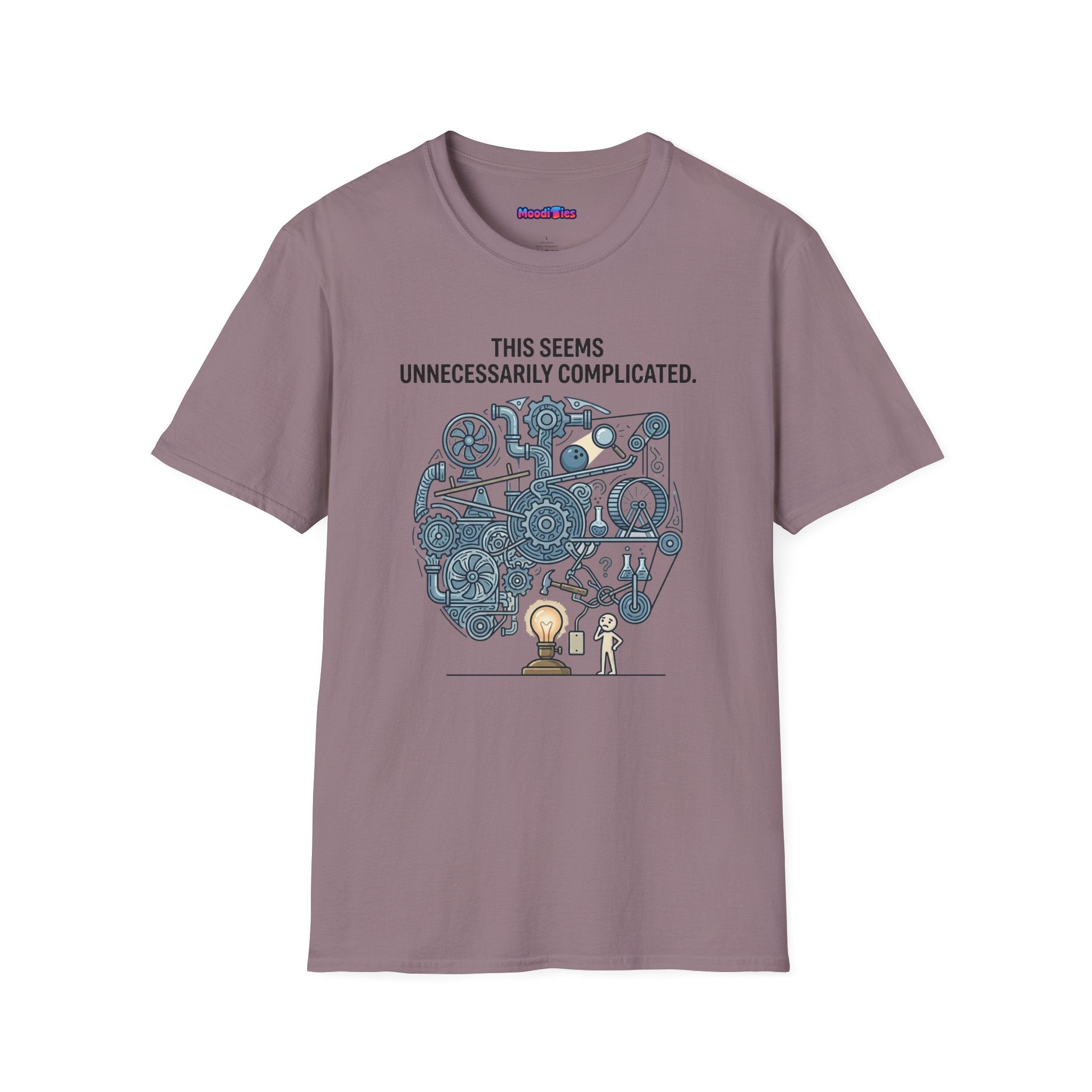 "This Seems Unnecessarily Complicated" Crazy Lightswitch Machine T-Shirt — Humorous Mechanical Maze Tee