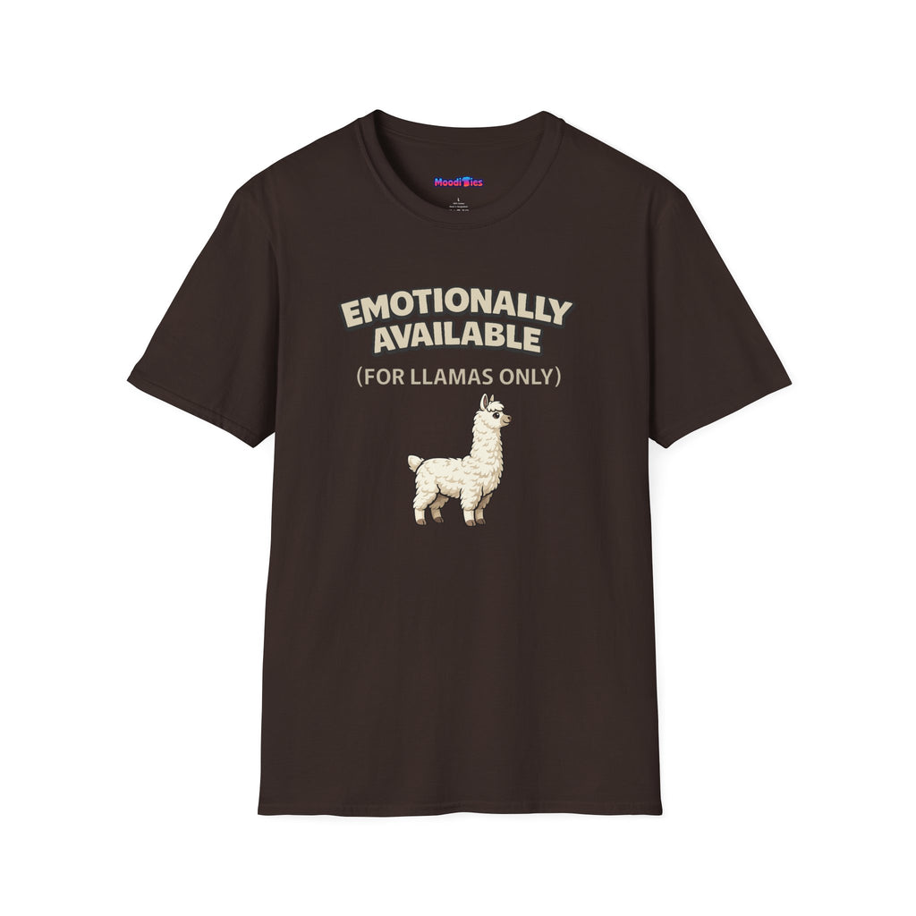 Text "Emotionally Available (For Llamas Only)," with cute cartoon white llama illustration