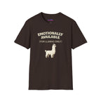 Text "Emotionally Available (For Llamas Only)," with cute cartoon white llama illustration