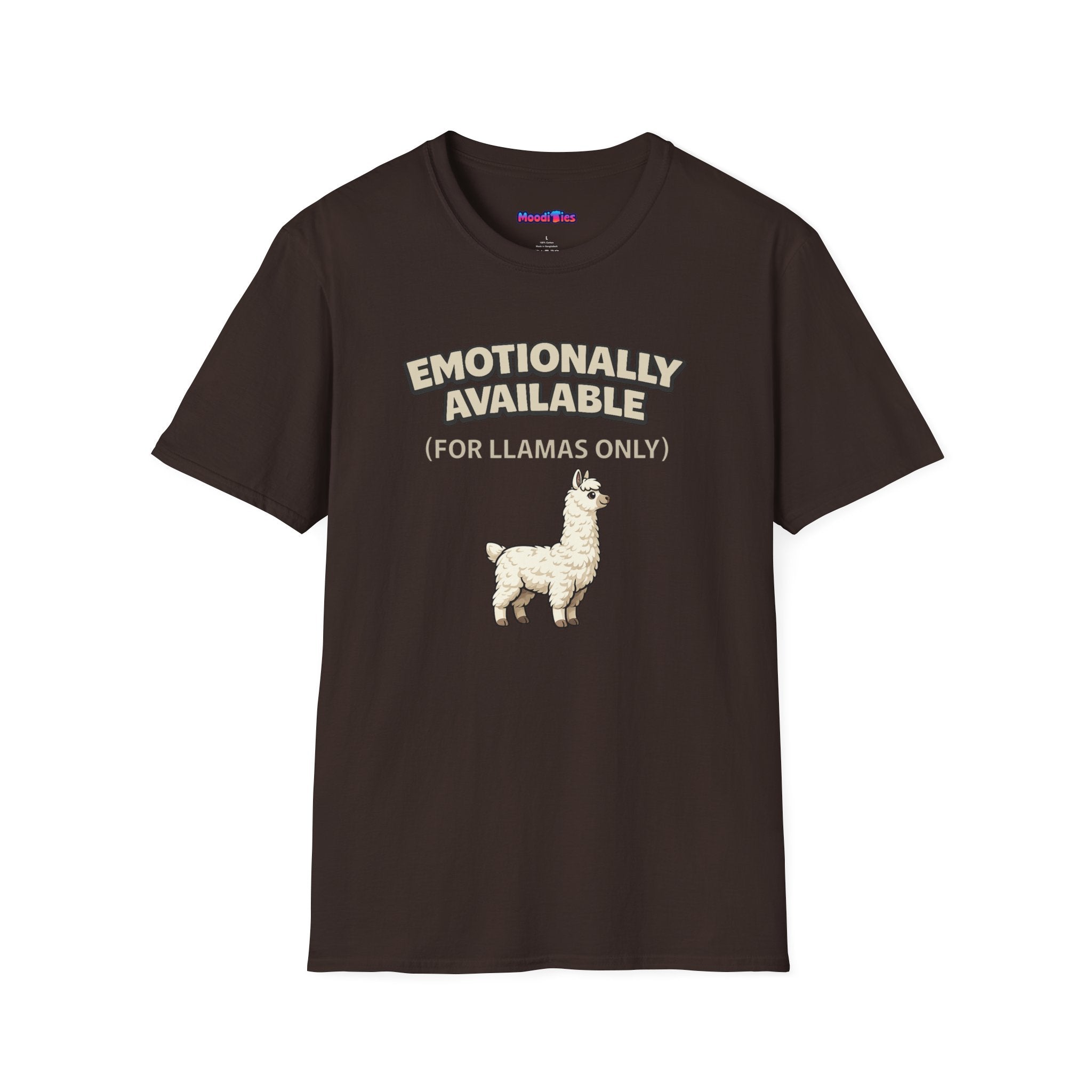 Text "Emotionally Available (For Llamas Only)," with cute cartoon white llama illustration